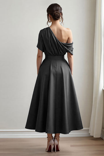 Black Satin A Line One Shoulder Long Mother Of The Bride Dress With Pockets